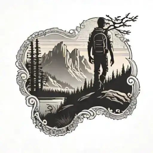 A dotwork tattoo of a Finnish landscape with a silhouette of a hiker in the foreground, combining your passion for hiking and love for Finland tattoo design idea