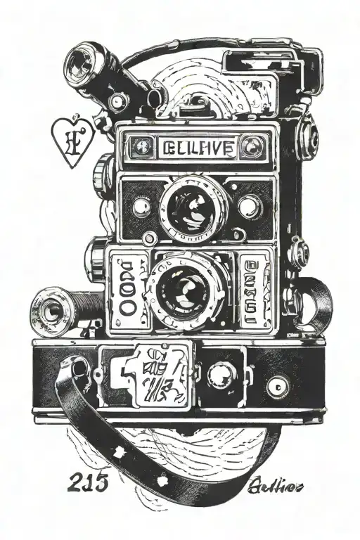 a camera above the number 28, a film strip below the number with the quote: "believe, don't complain, don't explain, jus tattoo design idea