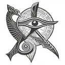 eye of ra and Horus facing each other with ankh  tattoo design idea