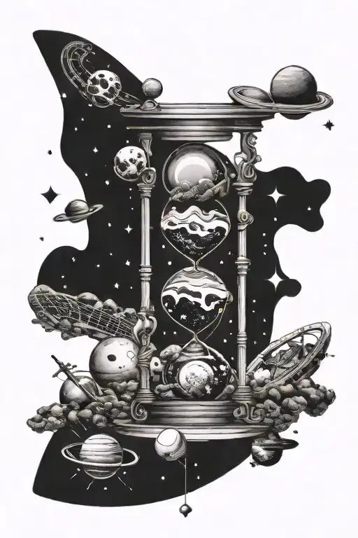 solar system and outer space around an hourglass tattoo design idea