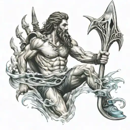 a scuba diver holding a trident of poseidon under the water tattoo design idea