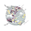 waves with cherry blossoms tattoo design idea