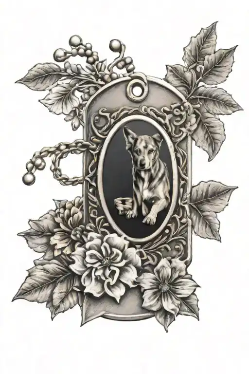 A realistic military dog tag with a coffee cup and flower accents tattoo design idea