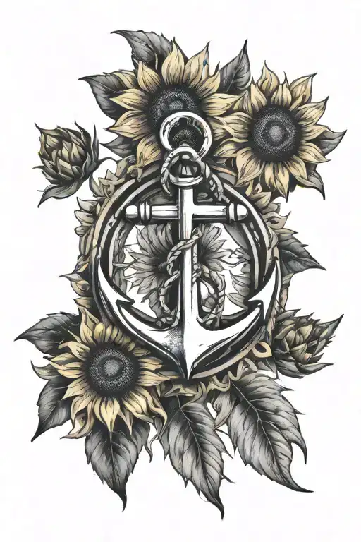 realistic anchor surrounded by two sunflowers, each of which has an eye in the center of the flower tattoo design idea