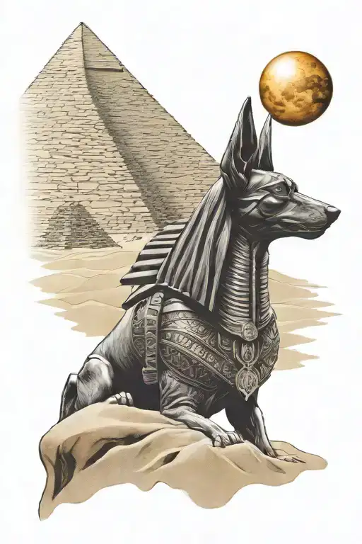 Anubis god behind the pyramids with the sun setting in the background and wind blowing the sand tattoo design idea