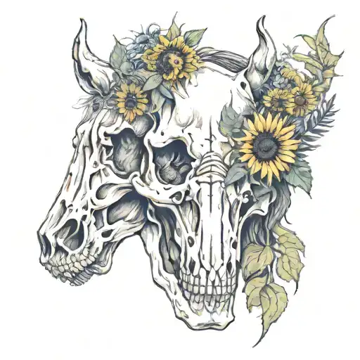 horse skull, sunflowers, Libra, dodge ram truck tattoo design idea