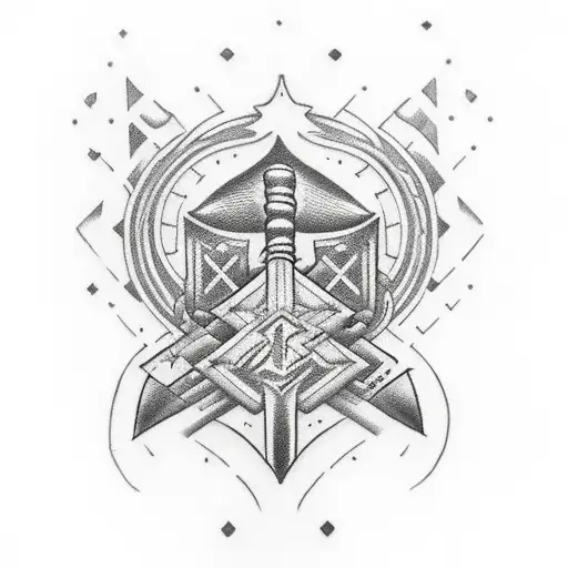  Mjölnir with: Berkana (ᛒ), Naudiz (ᚾ), and Tiwaz (ᛏ) on the handle. Position the Valknut,  tattoo design idea