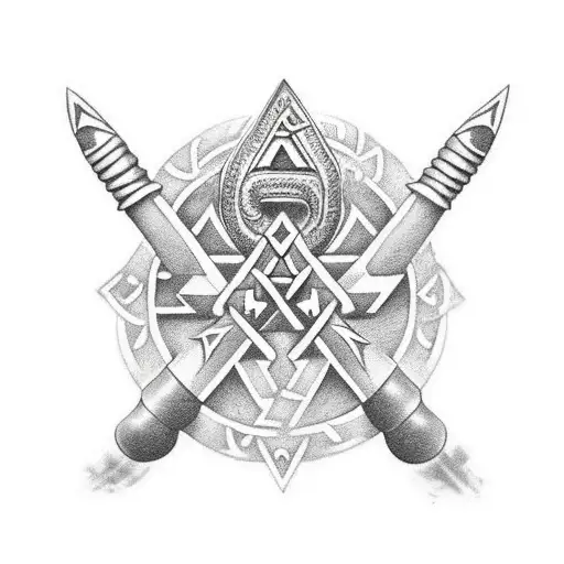 "Render a Mjölnir image with Futhark runes: Berkana (ᛒ), Naudiz (ᚾ), and Tiwaz (ᛏ) on the handle. Position the Valknut,  tattoo design idea