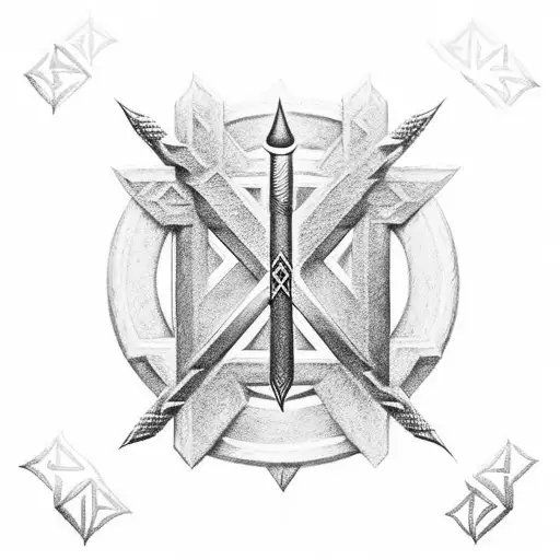 "Render a Mjölnir image with Futhark runes: Berkana (ᛒ), Naudiz (ᚾ), and Tiwaz (ᛏ) on the handle. Position the Valknut,  tattoo design idea