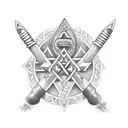 "Render a Mjölnir image with Futhark runes: Berkana (ᛒ), Naudiz (ᚾ), and Tiwaz (ᛏ) on the handle. Position the Valknut,  tattoo design idea