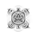 "Render a Mjölnir image with Futhark runes: Berkana (ᛒ), Naudiz (ᚾ), and Tiwaz (ᛏ) on the handle. Position the Valknut,  tattoo design idea
