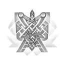 "Render a Mjölnir image with Futhark runes: Berkana (ᛒ), Naudiz (ᚾ), and Tiwaz (ᛏ) on the handle. Position the Valknut,  tattoo design idea
