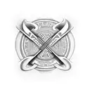 "Render a Mjölnir image with Futhark runes: Berkana (ᛒ), Naudiz (ᚾ), and Tiwaz (ᛏ) on the handle. Position the Valknut,  tattoo design idea