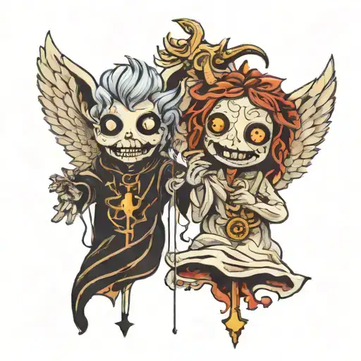 angelic hand puppet with strings of positive emotions and demonic hand puppet with strings holding negative emotions tattoo design idea