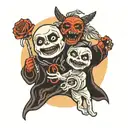 angelic hand puppet with strings of positive emotions and demonic hand puppet with strings holding negative emotions tattoo design idea