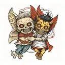 angelic hand puppet with strings of positive emotions and demonic hand puppet with strings holding negative emotions tattoo design idea