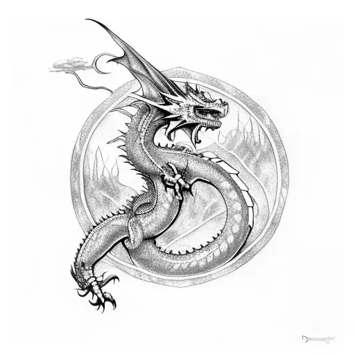 Dragon from dungens and dragons (DnD) flying around Isengard tower from lord of the rings (Lotr). Fantasy style with ext tattoo design idea