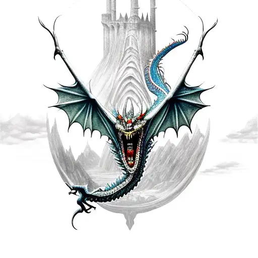 Dragon from dungens and dragons (DnD) flying around Isengard tower from lord of the rings (Lotr). Fantasy style with ext tattoo design idea