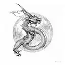 Dragon from dungens and dragons (DnD) flying around Isengard tower from lord of the rings (Lotr). Fantasy style with ext tattoo design idea