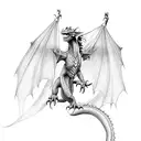 Dragon from dungens and dragons (DnD) flying around Isengard tower from lord of the rings (Lotr). Fantasy style with ext tattoo design idea