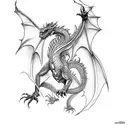 Dragon from dungens and dragons (DnD) flying around Isengard tower from lord of the rings (Lotr). Fantasy style with ext tattoo design idea