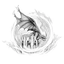 Dragon from dungens and dragons (DnD) flying around Isengard tower from lord of the rings (Lotr). Fantasy style with ext tattoo design idea