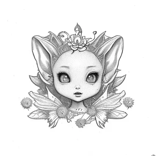 little fairy with bunny ears laying in a chrysanthemum tattoo design idea