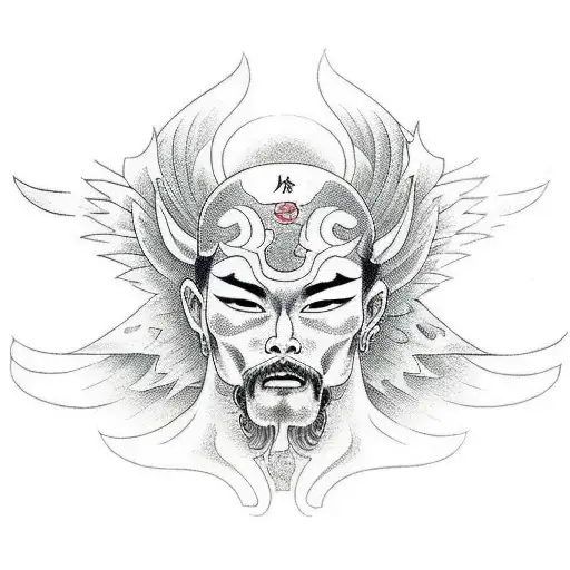 floating male angel holding head of demon tattoo design idea