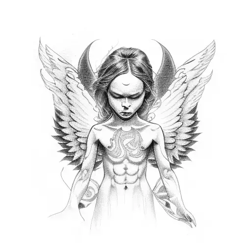 floating angel holding head of demon tattoo design idea