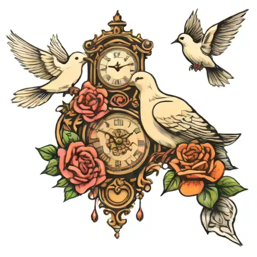 dove and rose and clock tattoo design idea