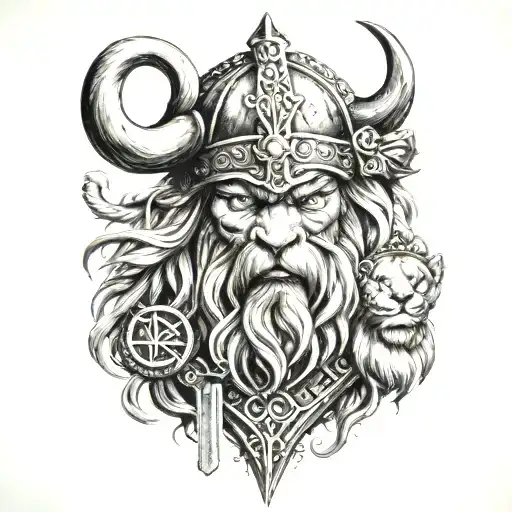 Viking with cross with lion wearing a crown tattoo design idea