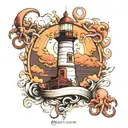 lighthouse, ship with octopus, storm clouds tattoo design idea