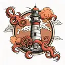 lighthouse, ship with octopus, storm clouds tattoo design idea