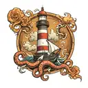 lighthouse, ship with octopus, storm clouds tattoo design idea