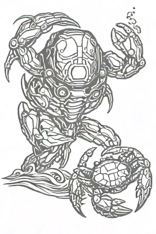 sunrise Ironman logo incorporated with water and a crab tattoo design idea