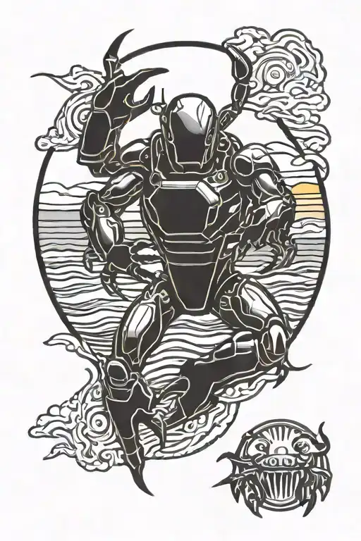 sunrise Ironman logo incorporated with water and a crab tattoo design idea