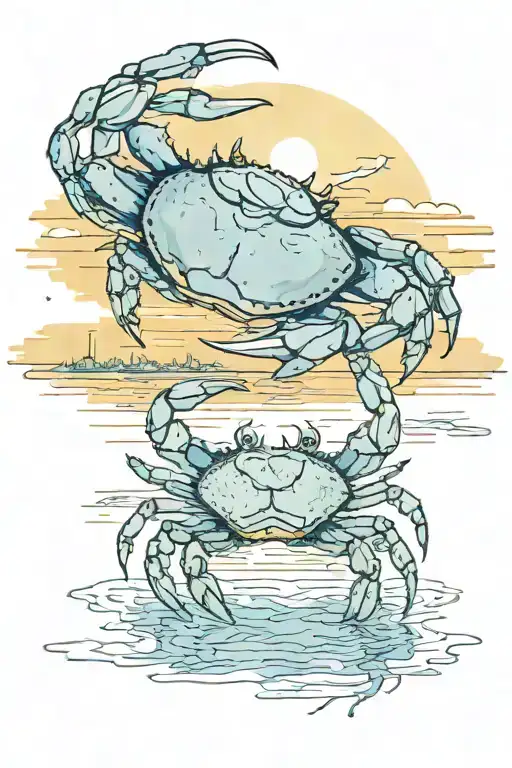 sunrise over water and a blue crab tattoo design idea