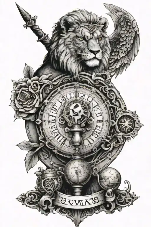 stoic tatoo with a lion , an owl, a sword and a scale for justice, and an Hourglass tattoo design idea