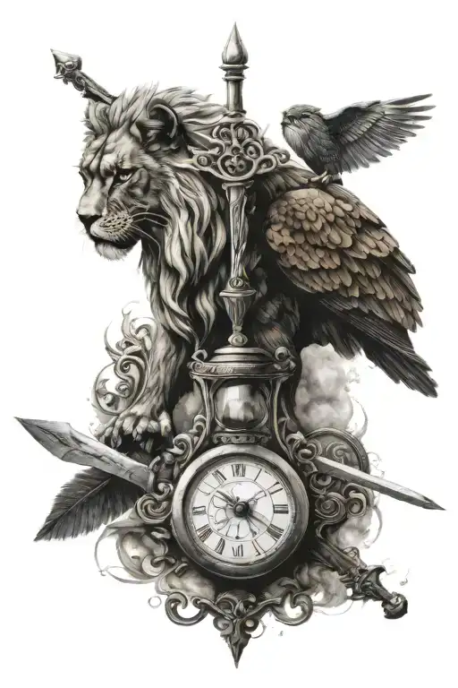 stoic tatoo with a lion , an owl, a sword and a scale for justice, and an Hourglass tattoo design idea