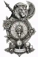 stoic tatoo with a lion , an owl, a sword and a scale for justice, and an Hourglass tattoo design idea