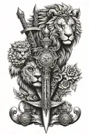 stoic tatoo with a lion , an owl, a sword and a scale for justice, and an Hourglass tattoo design idea