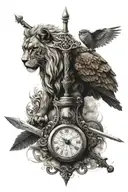 stoic tatoo with a lion , an owl, a sword and a scale for justice, and an Hourglass tattoo design idea