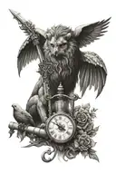 stoic tatoo with a lion , an owl, a sword and a scale for justice, and an Hourglass tattoo design idea