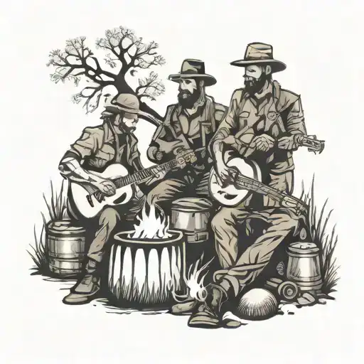 A silhouette of a father, son, husband, and brother gathered around a campfire with guitars and drums, representing family bonding through music and outdoor adventures tattoo design idea