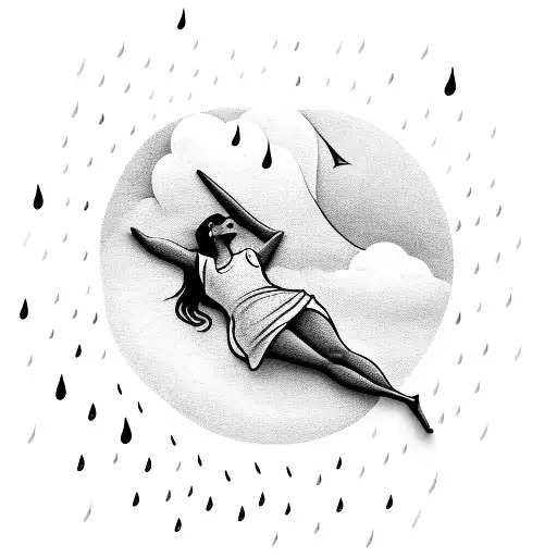 A dreamy illustration of a person lying on a cloud, gazing up at the rain tattoo design idea