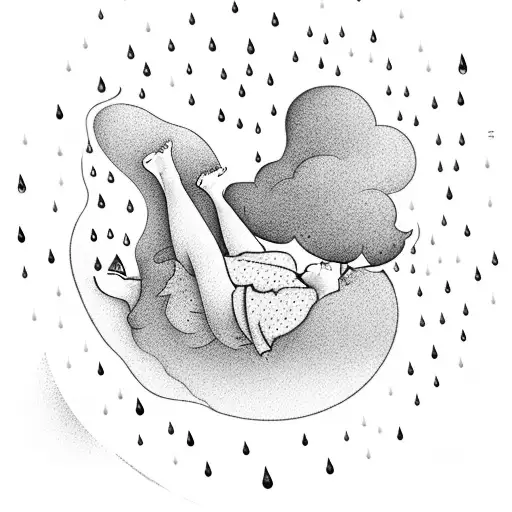 A dreamy illustration of a person lying on a cloud, gazing up at the rain tattoo design idea