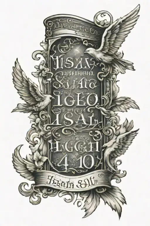 bible verse Isiah 41:10 with angels in the top corners and the letters in cursive with backround tattoo design idea