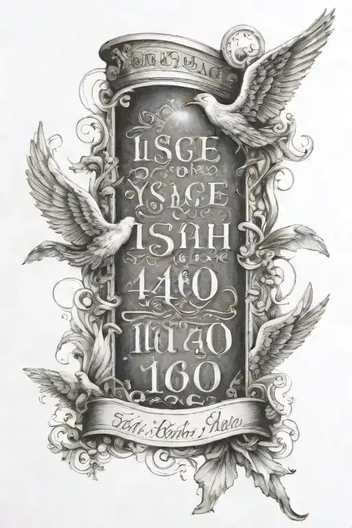 bible verse Isiah 41:10 with angels in the top corners and the letters in cursive with backround tattoo design idea