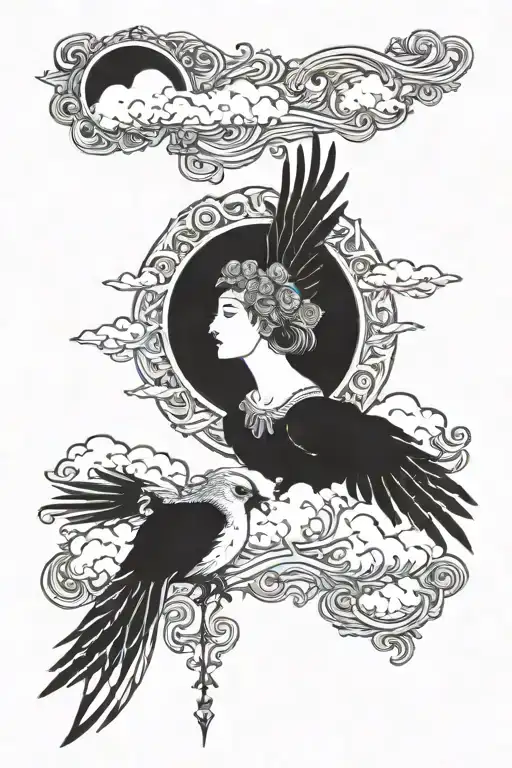 long live dame with clouds and sunshine and a heaven bird  tattoo design idea