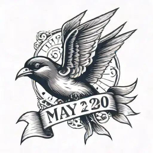 A Sailor Jerry inspired swallow carrying a scroll with the words 'May 26, 2006' in its beak tattoo design idea